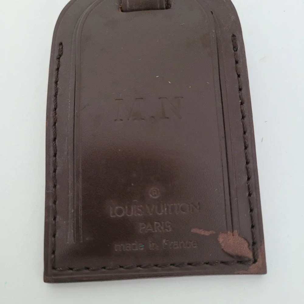 Louis Vuitton Brown Leather Luggage Tag Gold Buckle Travel Accessory MN Monogram